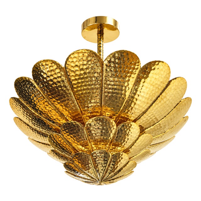 Handmade Brass Flower Ceiling Light, 3 Tier Hammered Floral Chandelier, Art Deco Lotus Semi Flush Mount, Luxury Brass Ceiling Fixture 28 Inches For Sale
