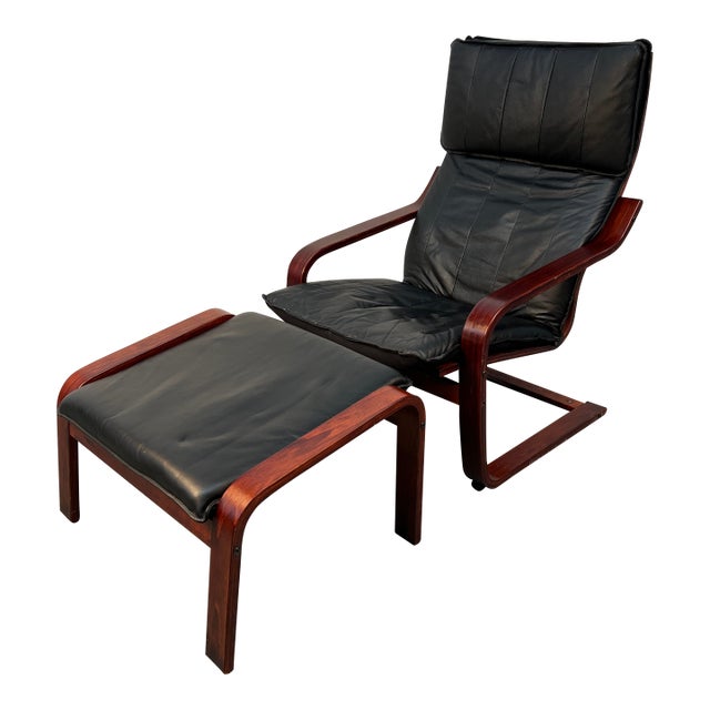 Vintage Black Leather Poäng Chair and Ottoman by Noboru Nakamura for Ikea For Sale