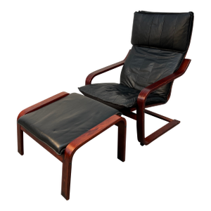 Vintage Black Leather Poäng Chair and Ottoman by Noboru Nakamura for Ikea