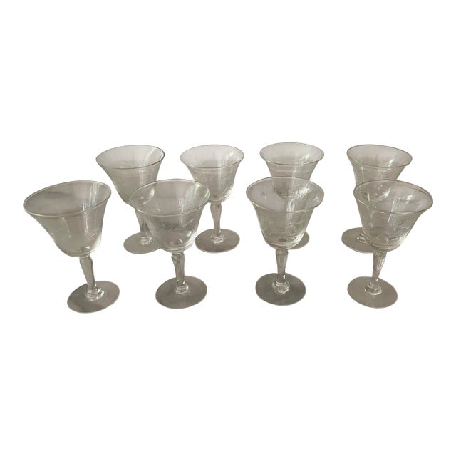 1940s Mixed Set of 8 Etched Crystal Cordial Glasses For Sale