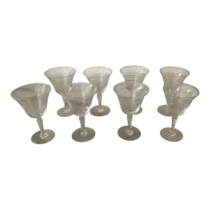 1940s Mixed Set of 8 Etched Crystal Cordial Glasses