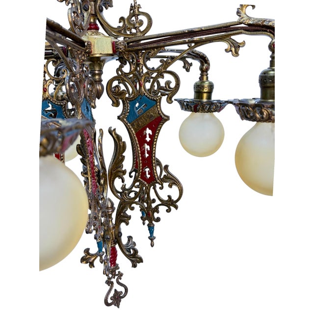 Gothic 1910s Cast Brass Semi Flush Ceiling Light With Red and Blue Embellishments Circa 1915 For Sale - Image 3 of 16