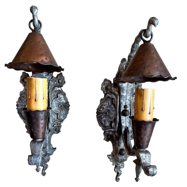Gothic 1920s Mixed Metal Tudor/Gothic Storybook Wall Sconces With Copper Smoke Bells - Pair For Sale - Image 3 of 6