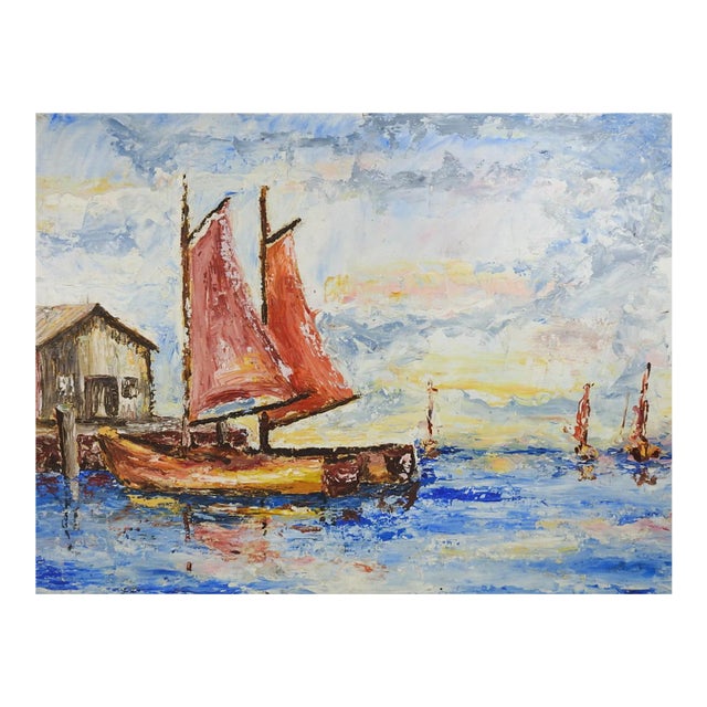 Vintage Mid 20th Century Sailboats in Harbor Modernist Painting For Sale