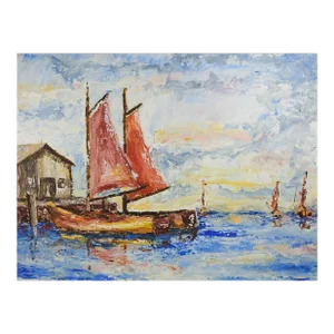 Vintage Mid 20th Century Sailboats in Harbor Modernist Painting