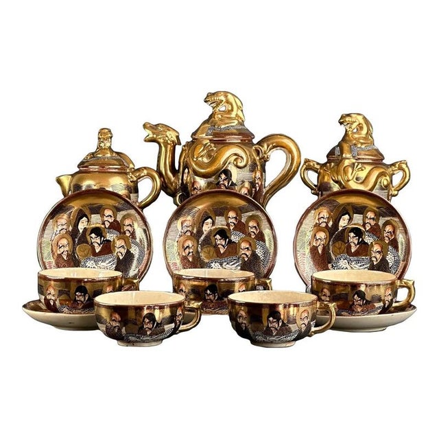 Antique Japanese Meiji Hand-Painted Shimazu Satsuma Tea Service with Moriage Kannon Immortals and Dragons, Set of 14 For Sale - Image 11 of 11