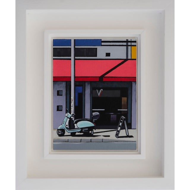 This artwork depicts a vibrant urban scene featuring a pastel blue scooter parked outside a contemporary building with a...