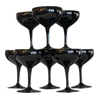 1990s Opaque Black Glass Champagne Coupes - Set of 8 For Sale