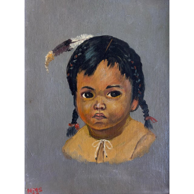 Pair of beautiful Indian children portraits by Helen M. Slusher, painted in 1959. Mounted in white washed wood frames. I...