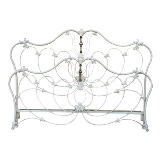 Vintage Elliott's Designs White Cast Iron Brass Queen King Headboard Footboard For Sale