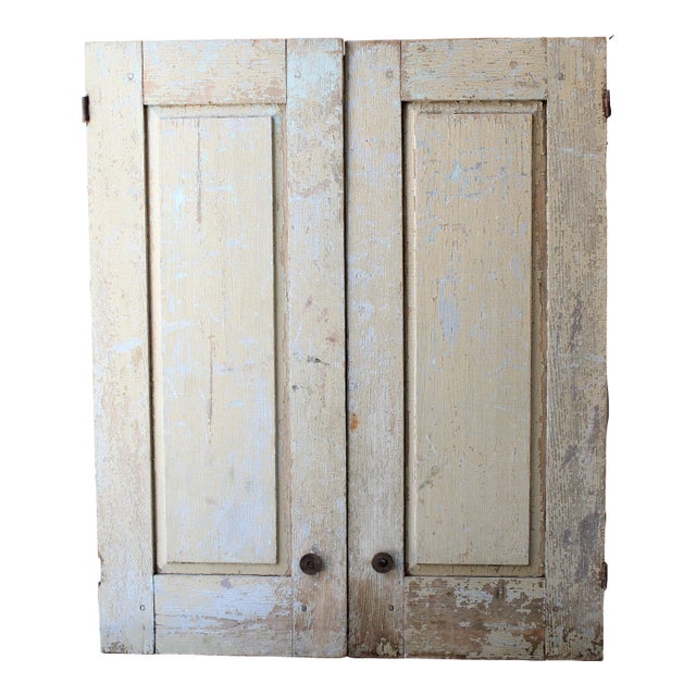 Early 20th C. Distressed Rustic Farmhouse Shaker Cabinet Doors S/2 For Sale