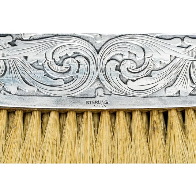 Metal Beautiful Pair Ornate Sterling Silver Antique Clothing Brushes Leather Case Vanity Dresser Home Decor For Sale - Image 7 of 15