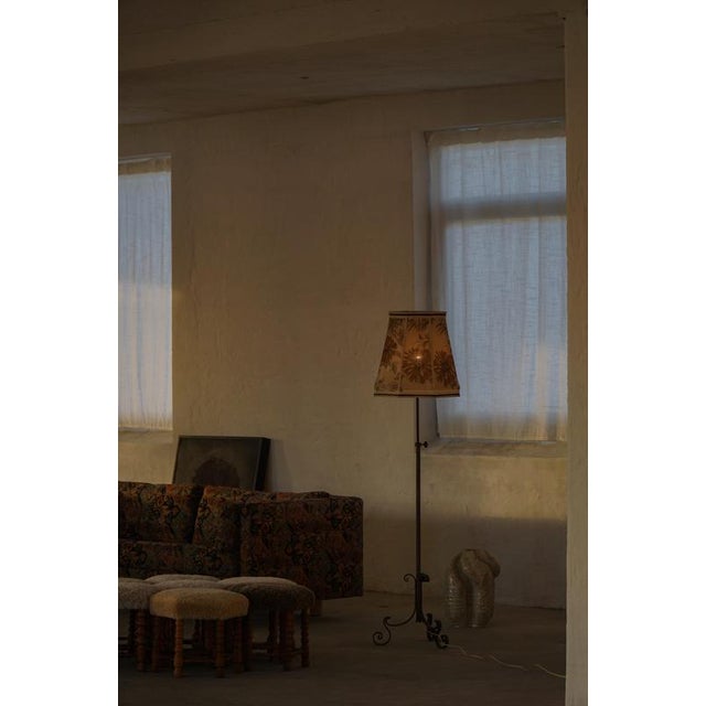 Art Deco Danish Iron Floor Lamp with Tripod Base and Floral Lampshade, 1940s For Sale - Image 9 of 18