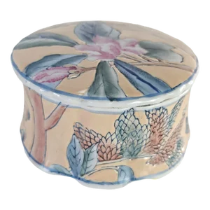 Chinese Floral Porcelain Dresser Jar Large Raised Motif 5"