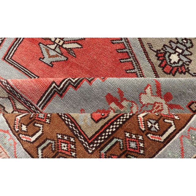 Vintage Turkish Oushak Rug With Coral, Ice Blue, and Soft Mocha Tones 4'1"x7'7" For Sale - Image 12 of 13