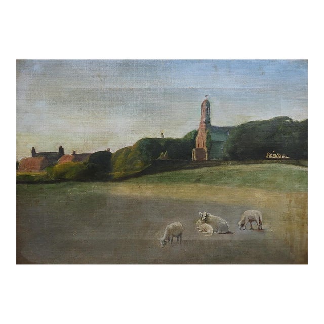 Early 20th Century Pastoral Landscape Painting With Sheep For Sale