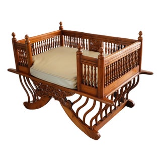 Vintage Hand-Carved Teak Howdah-Style Bench | Made in Singapore | Raj Colonial For Sale