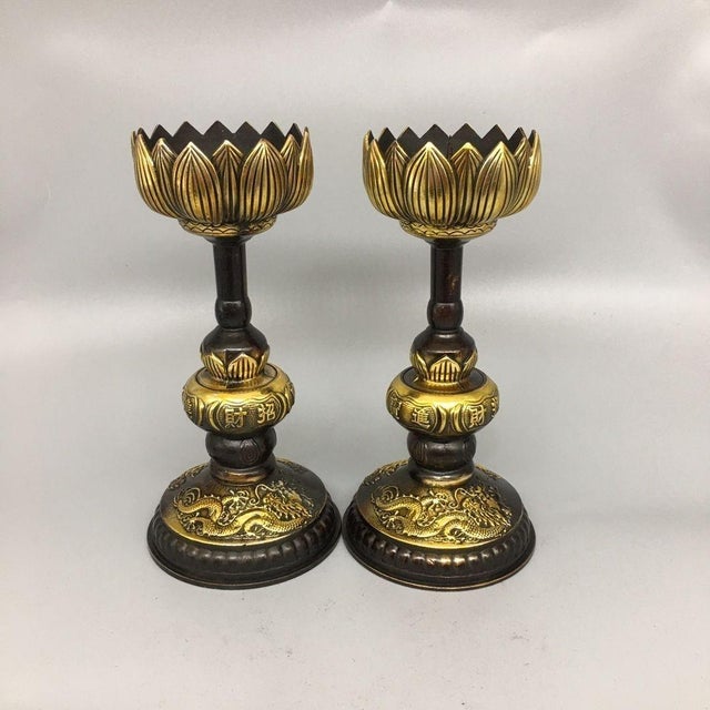 Late 20th Century Pair of Gilt Bronze Lotus Candlesticks, Dragon Phoenix Relief Candle Holders, Chinoiserie Altar Decor For Sale In Los Angeles - Image 6 of 9
