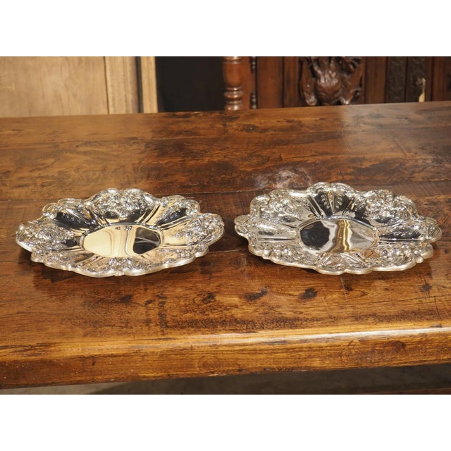 Pair of Scalloped Sterling Silver Platters With Repousse Fruit Motifs For Sale - Image 10 of 13