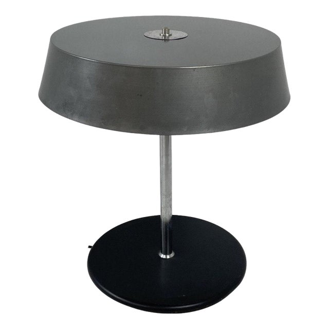 Mid-Century Modern Table Lamp with Black Base, Gray Shade & Chrome Upright For Sale