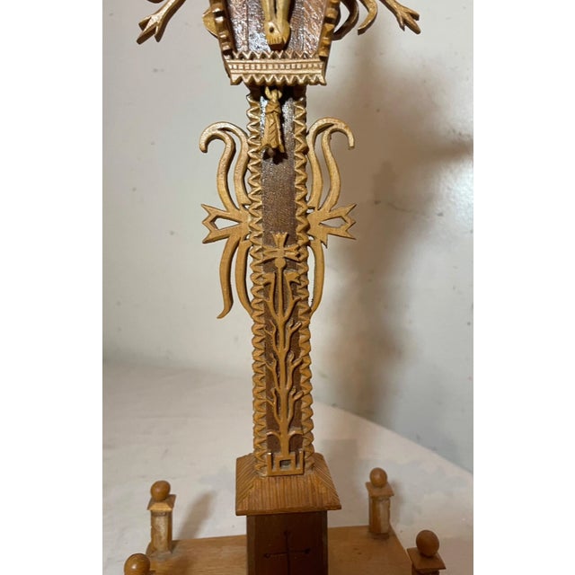 Wood Vintage Hand Carved Wood Tramp Art Style Religious Altar Crucifix Altar Cross For Sale - Image 7 of 17