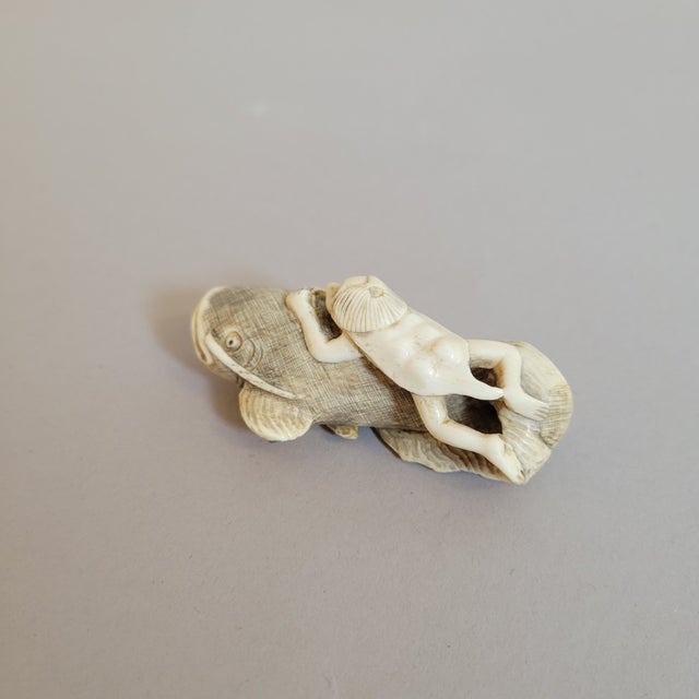 Bone Japanese Bone Netsuke of Kappa Riding a Catfish, Meiji Period For Sale - Image 7 of 9