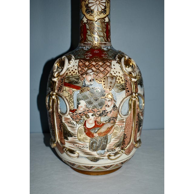 Japanese Antique Japanese Satsuma Bottle Vase With Molded Ribbons For Sale - Image 3 of 11