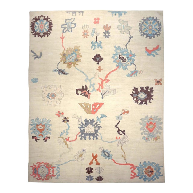 21st Century Turkish Oushak Wool 12x16 Ivory, Orange & Slate Blue Handmade Area Rug #1144180 For Sale