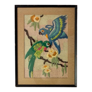 1930s Vintage Tropical Parrot Crewel Work Framed Textile Art For Sale
