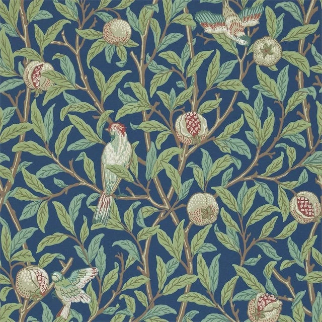 This delightful wallpaper design shows birds swooping perching and pecking amidst branches of foliage and pomegranate...