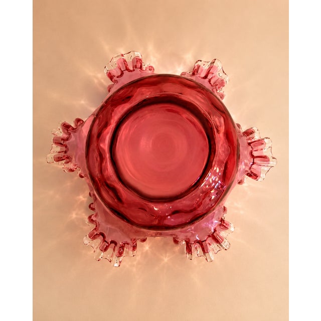 Mid 20th Century Vintage Fenton-Style Cranberry Thumbprint Pattern Ruffled Rim Glass Bowl For Sale - Image 5 of 6