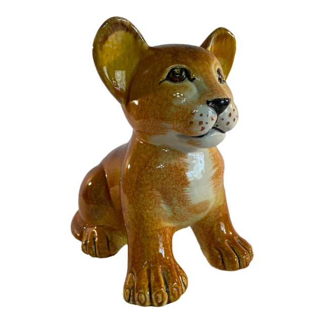 Vintage 1970s Italian Glazed Ceramic Lion Cub Figurine For Sale