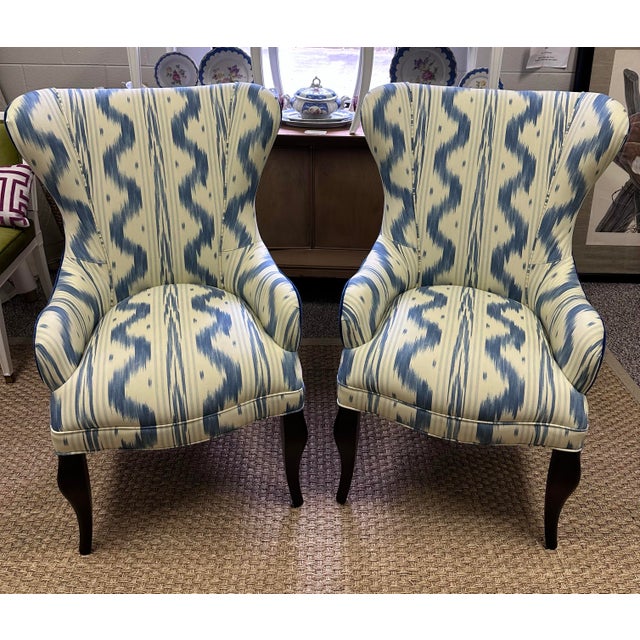 Custom Pair of Wingback Chairs Upholstered in Toile De Nantes & Colefax & Fowler Velvet in Blue & White For Sale - Image 9 of 11