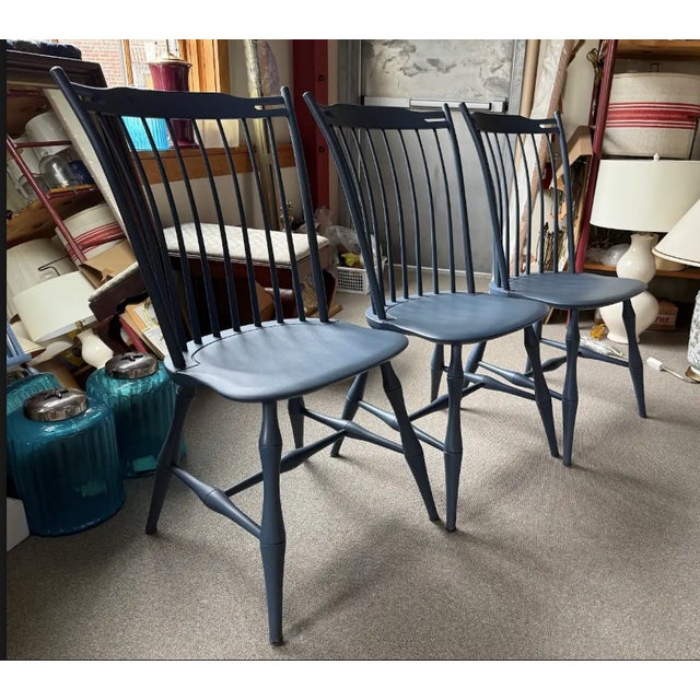 Set of 3 Beautiful Small Fan Back Windsor Chairs with Pierced Top Rail in custom Ben Moore blue color, HC-155. Unique...