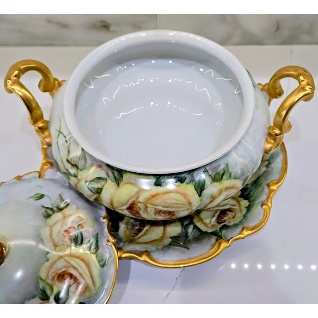 Ceramic Mid 20th Century Hutschenreuther Bavaria “Sylvia” Hand-Painted Rose Porcelain Tureen 3-Piece Set For Sale - Image 7 of 18