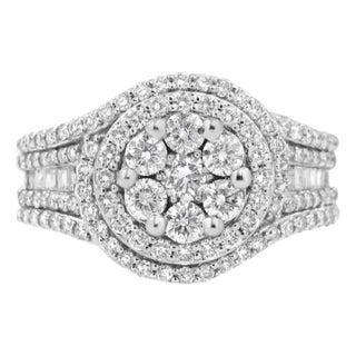 14K White Gold 1 1/2 Cttw Diamond Floral Cluster and Studded Shank Halo Ring (H-I Color, SI2-I1 Clarity) - Ring - Size 7 For Sale