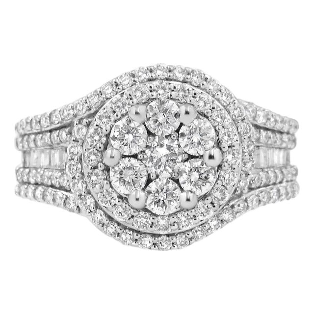 14K White Gold 1 1/2 Cttw Diamond Floral Cluster and Studded Shank Halo Ring (H-I Color, SI2-I1 Clarity) - Ring - Size 7 For Sale