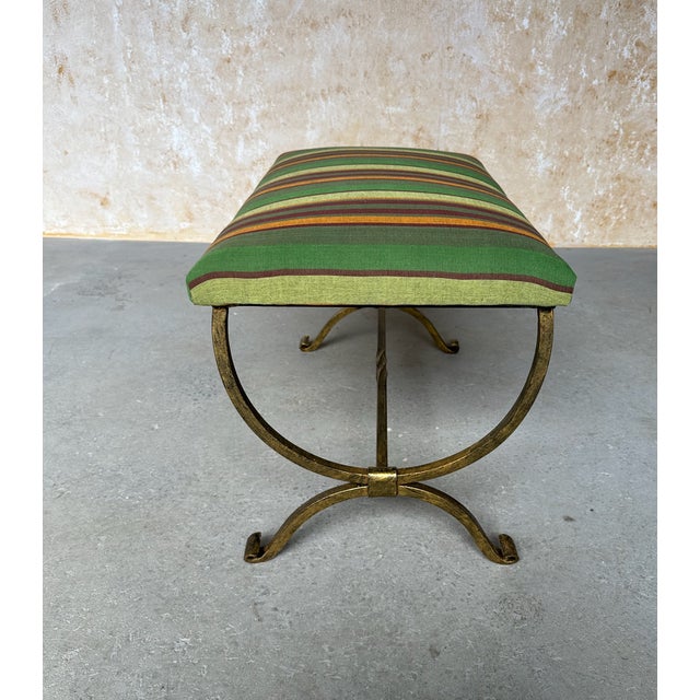 Hand-Forged Spanish Style Gilt Iron Bench With Striped Cotton Linen Seat For Sale - Image 12 of 14