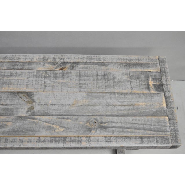 Wood Late 20th Century Primitive Rustic 72" Long Wooden Distressed Gray Wash Criss Cross Trestle Bench For Sale - Image 7 of 12
