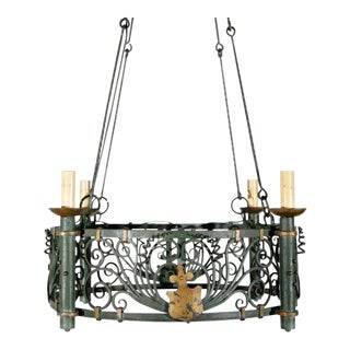 Filigreed Green With Gold French Iron Chandelier For Sale