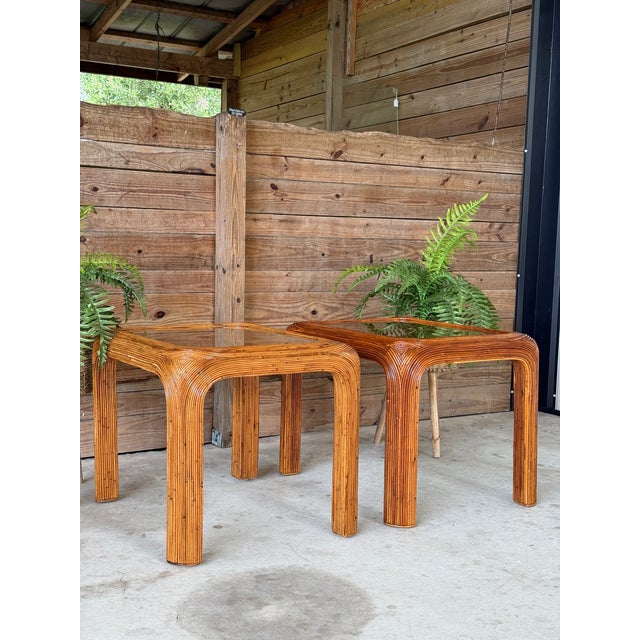 Mid-20th Century Restored Pencil Reed Rattan Side Tables With New Glass – Pair For Sale - Image 11 of 12