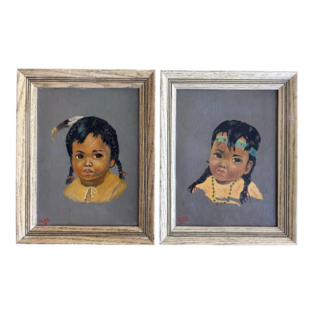 1950s Young Native American Girls Oil Paintings, Framed Pair For Sale