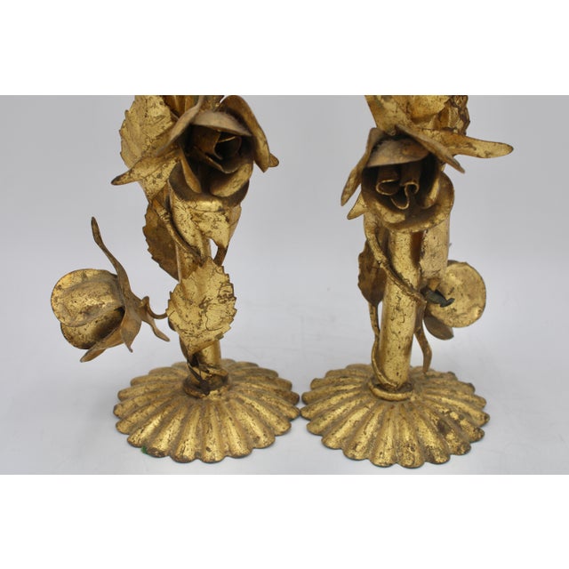 Vintage Italian Gold Gilded Tole Candlesticks For Sale - Image 11 of 11