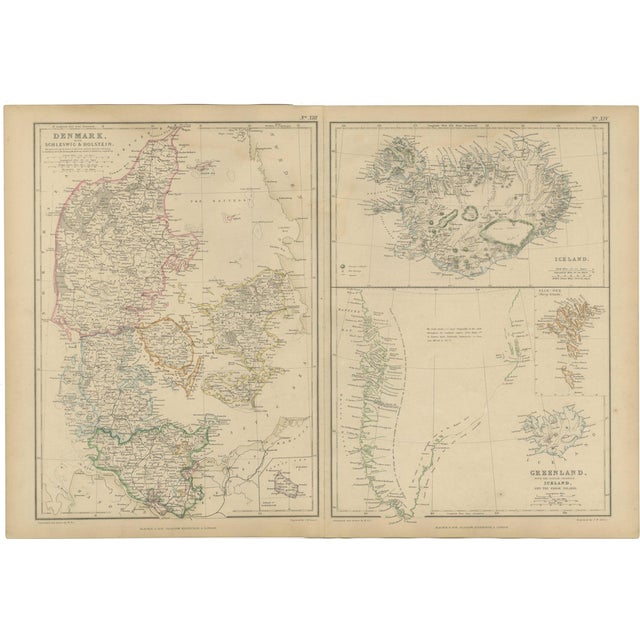 Denmark with Schleswig & Holstein, Iceland, Greenland, Antique Map, Blackie 1860 For Sale
