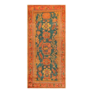 Beautiful Light Blue Background Tribal Large Scale Pattern Small Antique Turkish Oushak Rug