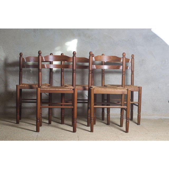 Antique French Country Dining Chairs Rush Seats, 1960s, Set of 5 For Sale - Image 3 of 11