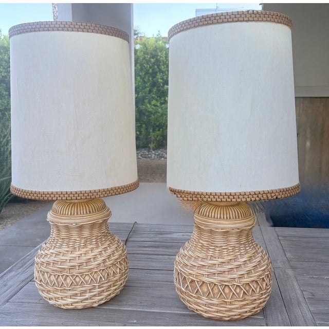 1970's Spanish Ceramic Trompe-l'Oeil Wicker Table Lamps With Matching Shades, a Pair For Sale - Image 11 of 16