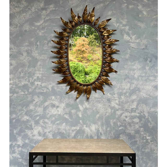 Spanish Oval Gilt Metal Sunburst Mirror With Alternating Leaves For Sale - Image 4 of 13