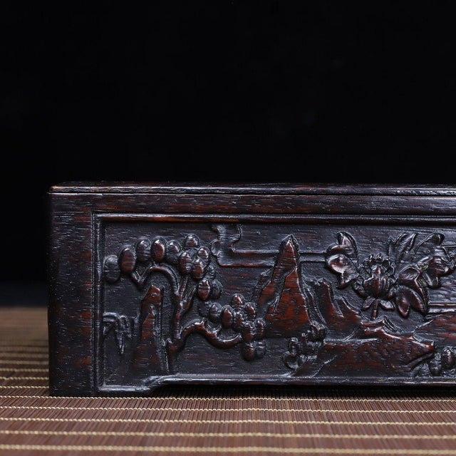 Wood Carved Hardwood Box With Landscape Scenes and Sliding Lid For Sale - Image 7 of 10