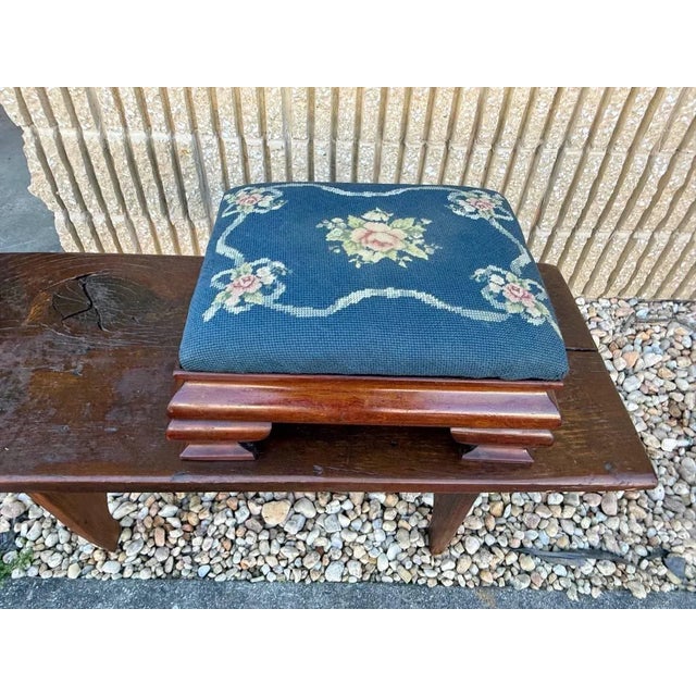 Antique American Empire Mahogany Flower Needlepoint Small Ottoman Footstool It features carved wooden base, complete with...